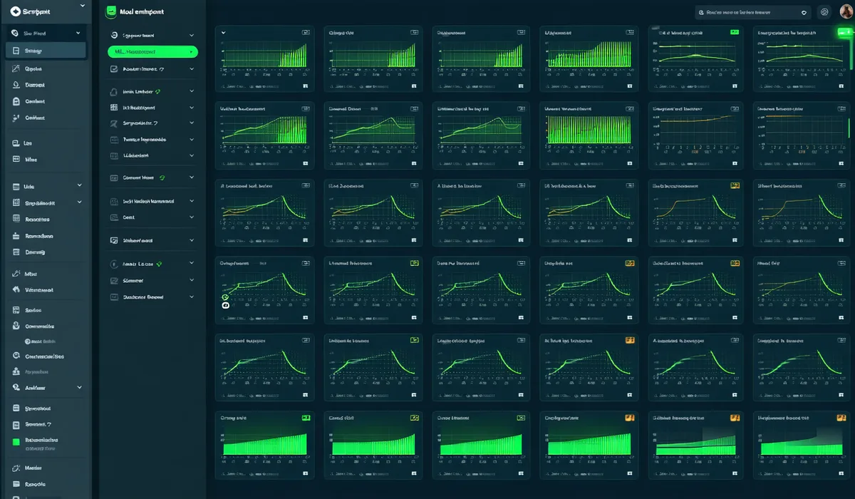 Dark ML fleet monitoring dashboard showing rows of model endpoints with utilization sparklines, p99 latency values, and SLO status indicators